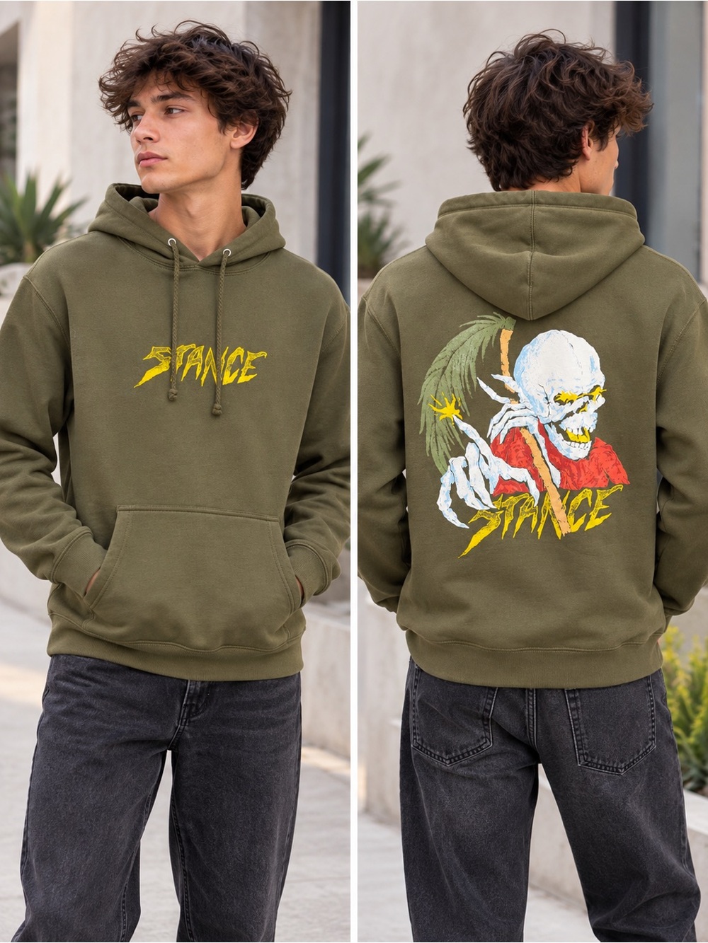NWT Stance Olive Graphic Skeleton Pullover Hoodie Unisex Size XS